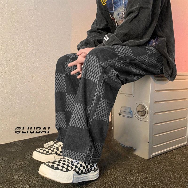 

Young Style Lattice Straight Tube Cowboy Men Spring American Style Explosive Street Wide Legs Loose All-match Casual Trousers