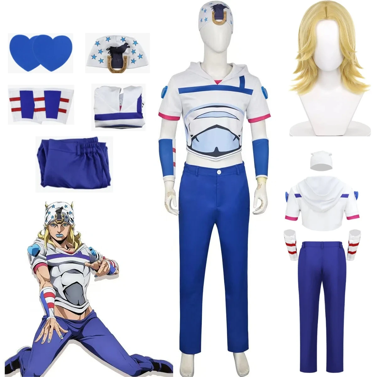 

Anime JoJo Cosplay Costume Wig Hat Wristbands Heart Accessories Steel Ball Run Johnny Joestar Halloween Comic Role Play Outfit