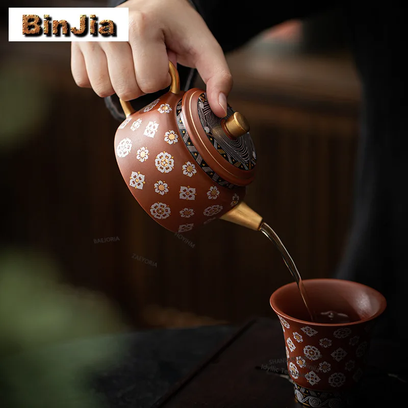 Purple Clay Gold Drawing Teapot Japanese Tea Infuser Pot Tea Making Kettle With Strainer Dahongpao Tea Services Supplies Craft
