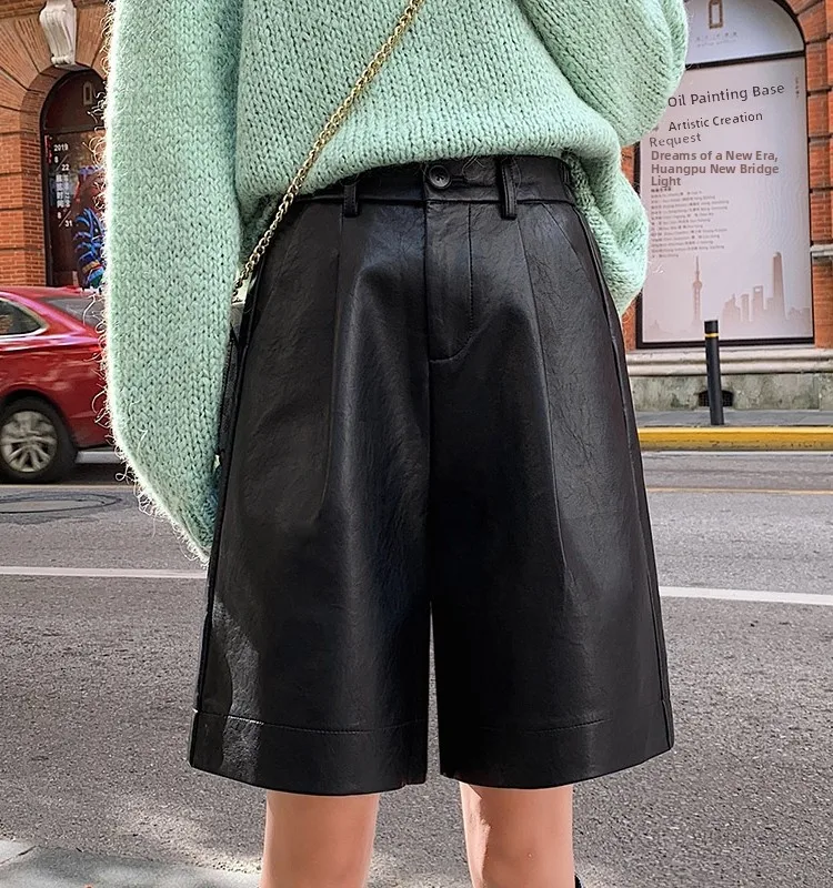 ارتفاع الخصر واسعة الساق بو السراويل الجلدية الشارع Sle عارضة مستقيم الساق السراويل للنساء موسم الصيف العادية رقيقة