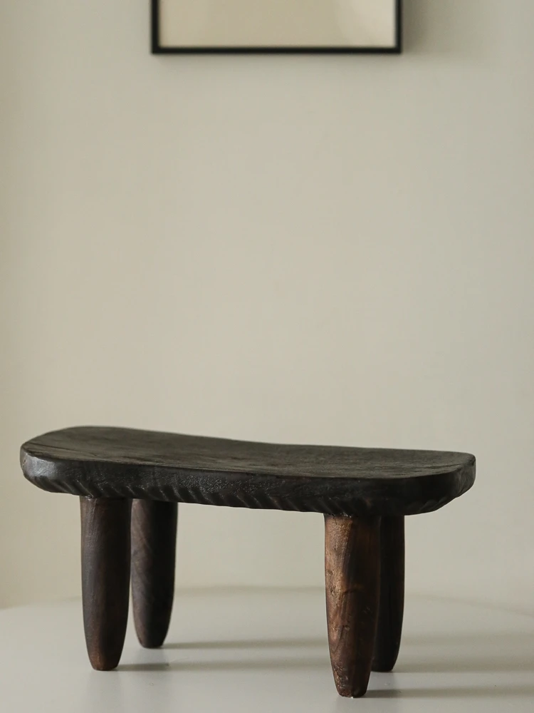 Nordic Vintage Low Stool Modern Home Decoration Black Bench Solid wood Material Wabi-Sabi Style Footstool Size 47.5x22x23cm