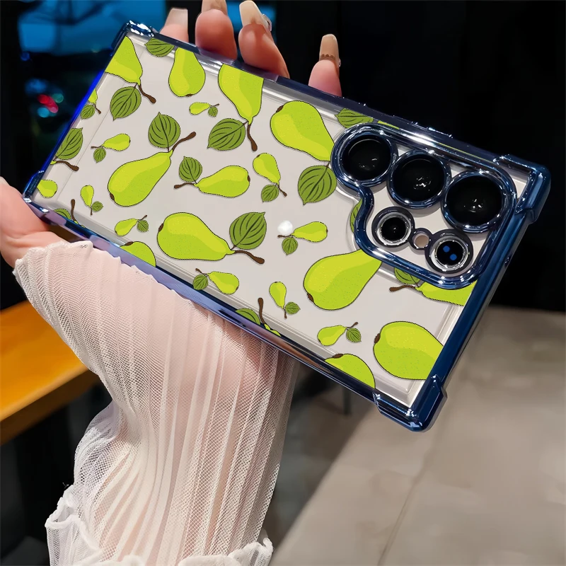 Soft Silicone Phone Case For Samsung Galaxy S23 Ultra S21 Plus S20 FE S22+ 5G Clear Shockproof Plating Cherry Pear Print Cover