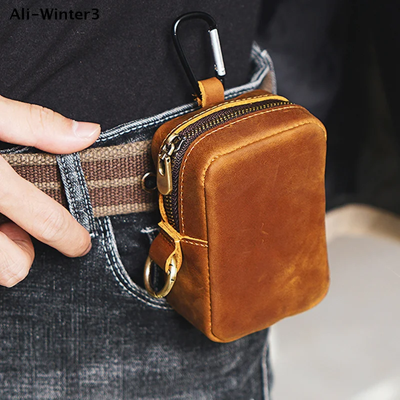 【R】Ledertasche mit Reißverschluss, Schlüsselhalter, Münzgeldbörse, Kartenetui, Gürteltasche für Outdoor-Laufsport, Münzen, Vintage, kleine Geldbörse