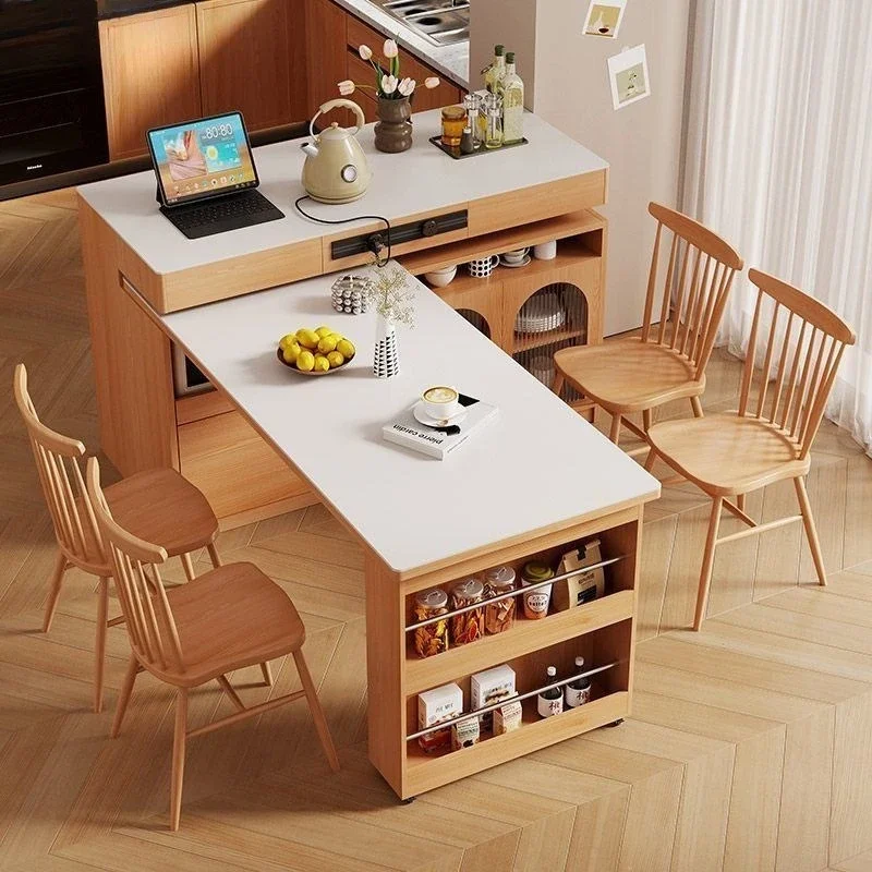 

Wooden house solid wood island retractable dining table integrated household log cream wind rock slab