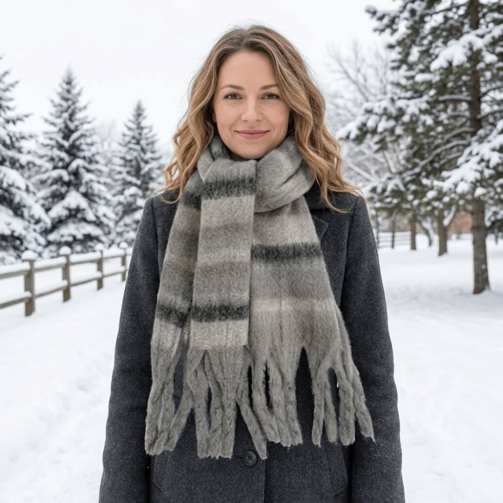 Soft Rainbow Stripe Wool Scarf Mohair Tassel Winter Cashmere Scarves Thicken Plush Long Shawl Autumn Winter