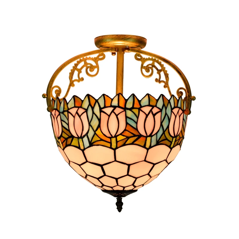 American Rural Tulip Shape Retro Light Led Modern Tiffany Staine Glass Ceiling Lamp for Home Living Room