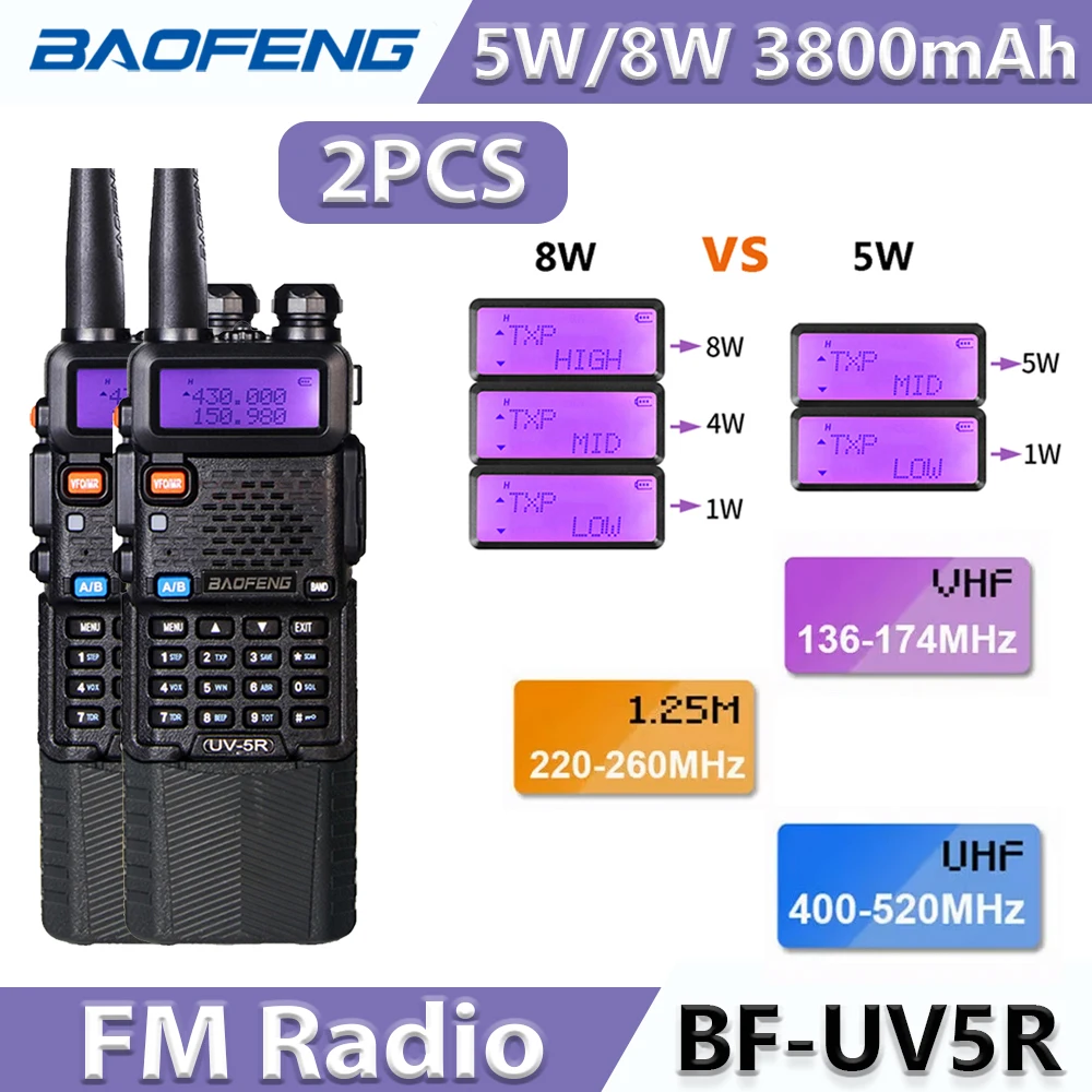 Baofeng-UV-5Rハムラジオ、デュアルバンド、3800mahバッテリー、128チャンネル、5w、8w、136-174、400-520mhz、ポータブルトランシーバー、2個