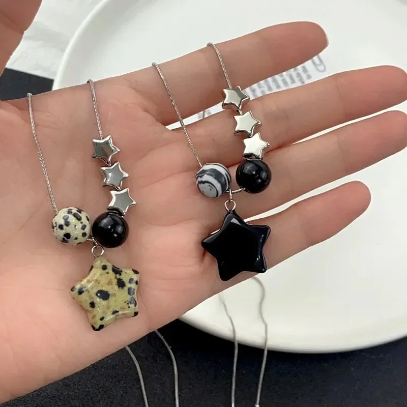 Collar Vintage con colgante de estrella de piedra negra para mujer y niña, cuentas Y2k, serpiente de acero, cadena de titanio, regalos de joyería, novedad