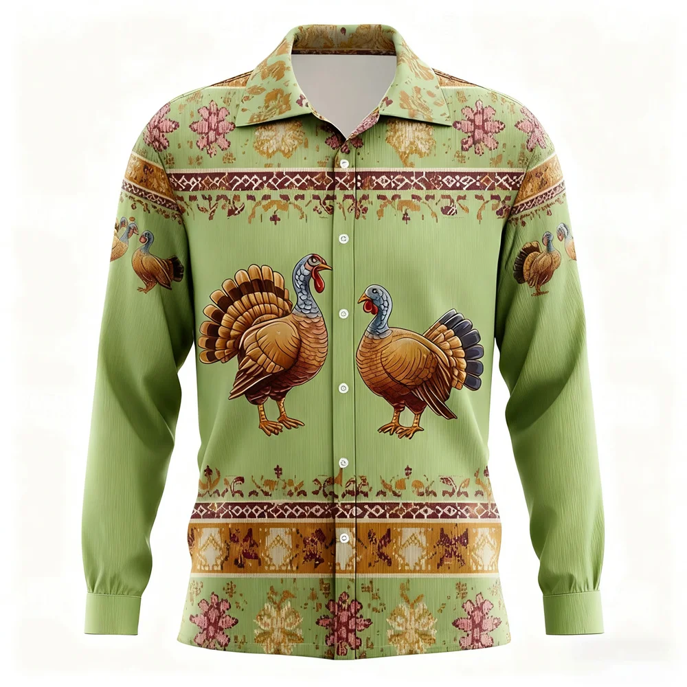 Men's Women's Bird Pattern Long Sleeve Shirts Fashion Cool Vintage Style Button Lapel Shirt Loose Comfortable Christmas Clothing