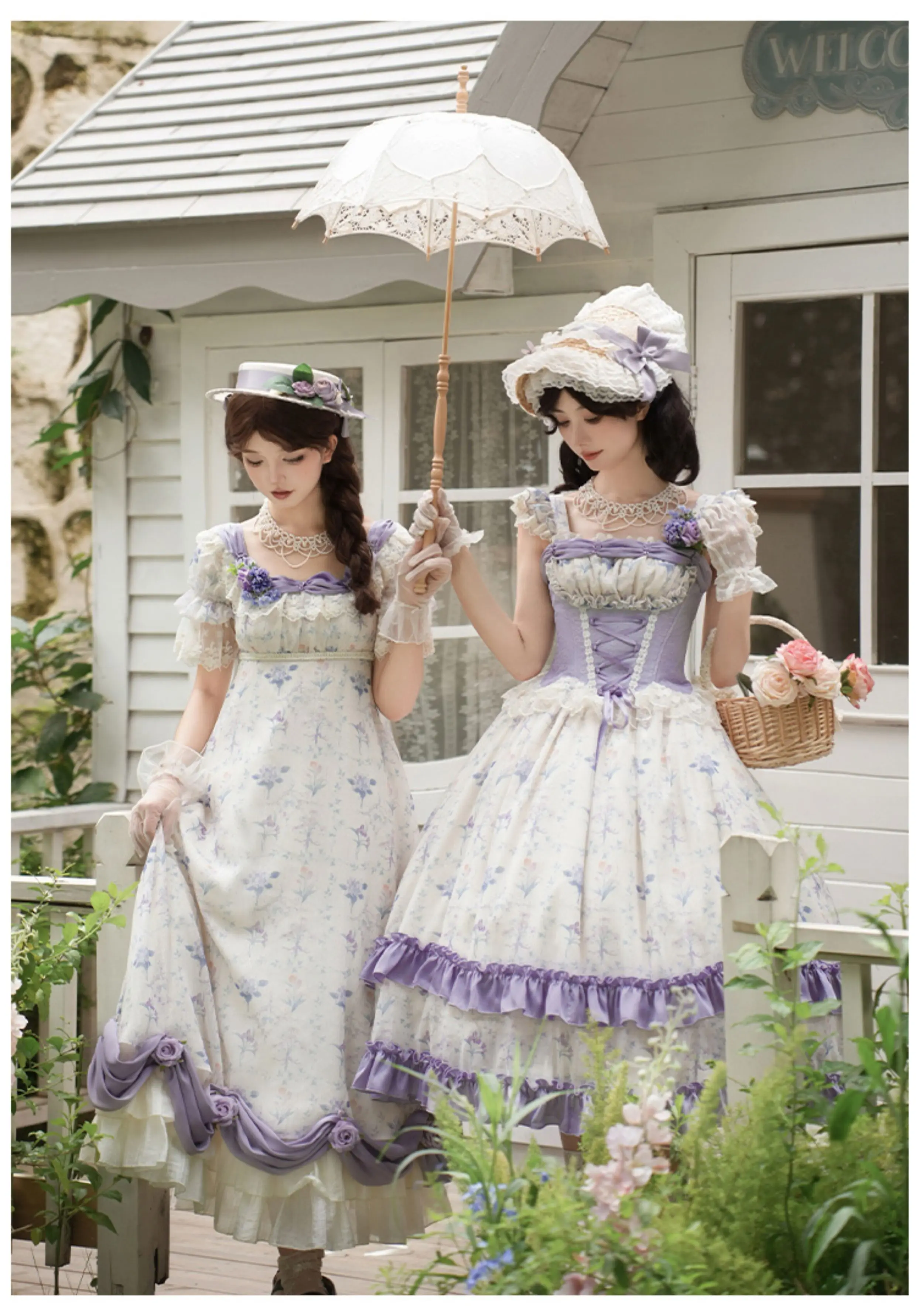 Robe de princesse Lolita en dentelle violette, élégante, Vintage, col carré, à volants, douce, taille haute, ligne a, imprimé féerique, été