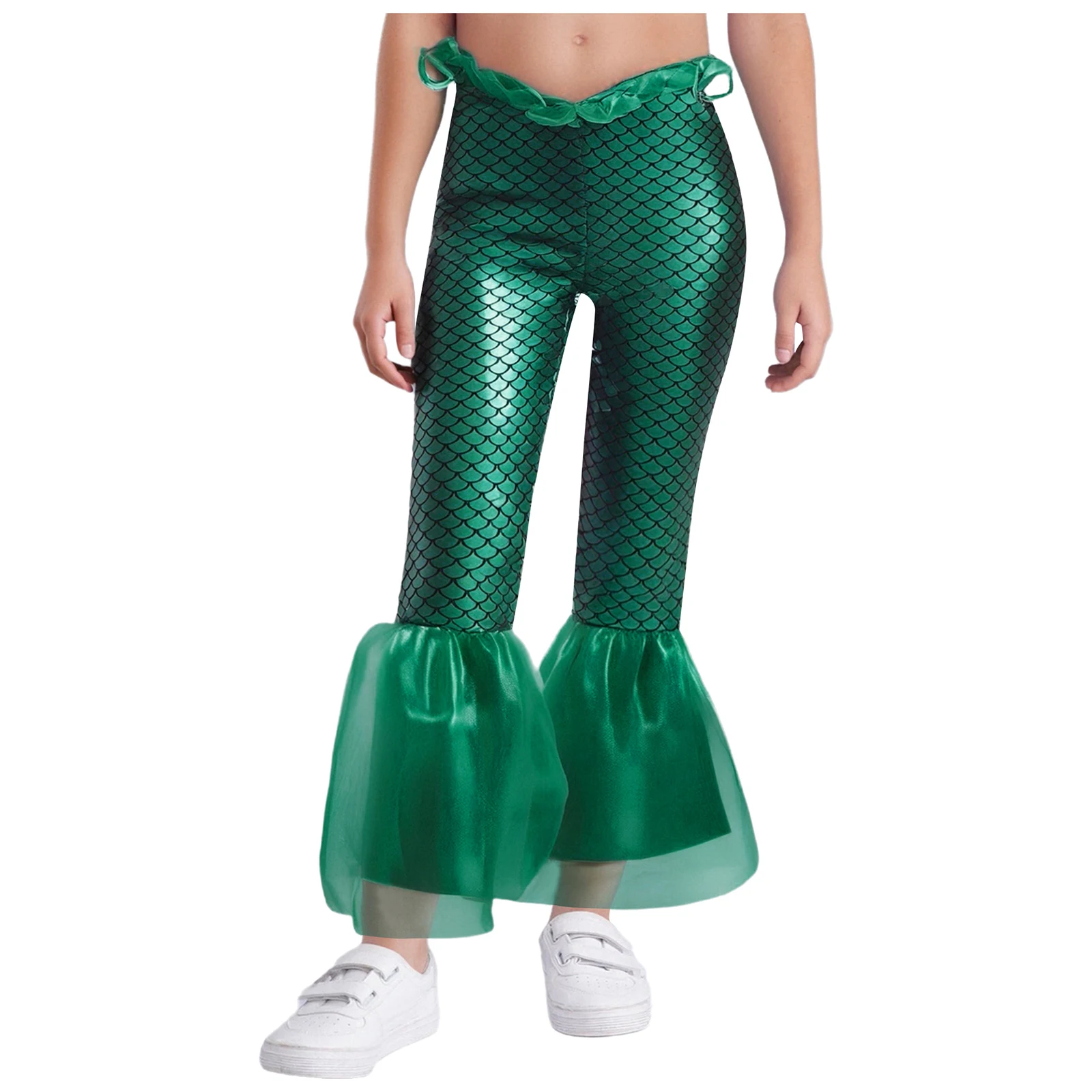 Kids Girls Mermaid Costume Shiny Fish Scales Print Ruffle Mesh Flare Pants Halloween Carnival Party Sea Queen Cosplay Clothes