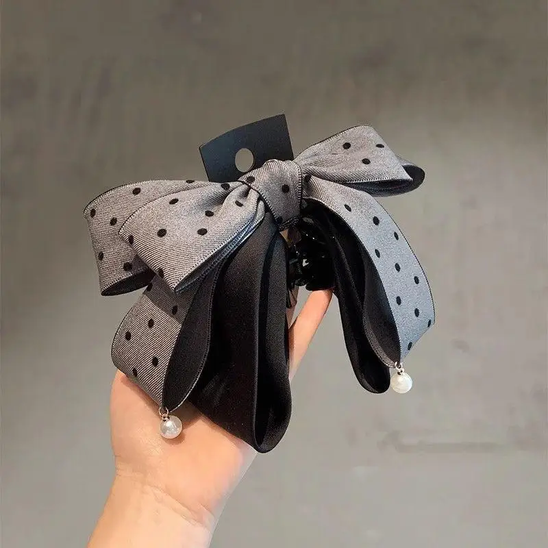 Elegant Gray Polka Dot Bow Hairpin For Women Girls High-end Temperament Ponytail Hair Claw Fashion Hair Accessories Gift view 5