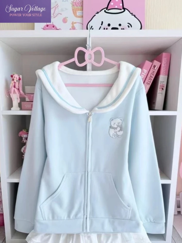 Japanese Sweet Kawaii Jacket Women Long Sleeve Blue Zipper Embroidered Loose Hoodie Preppy Style Cute Fashion Popular Clothes
