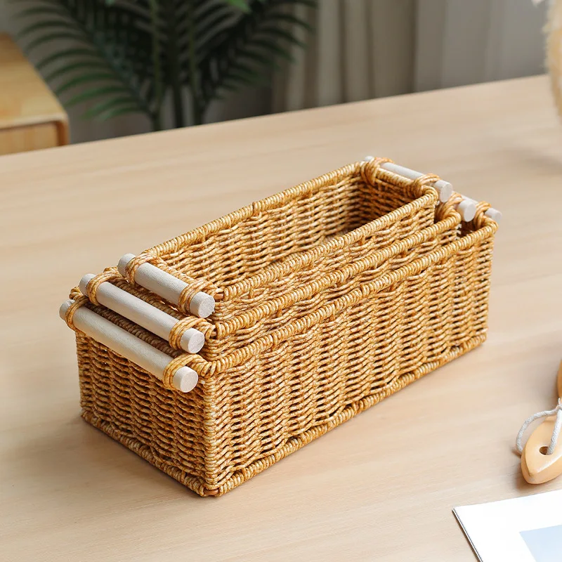 Imitation Rattan Baskets for Organizing Organizer Long Narrow Woven Baskets Rectangular for Bar Bathroom Bedroom Coffee Table