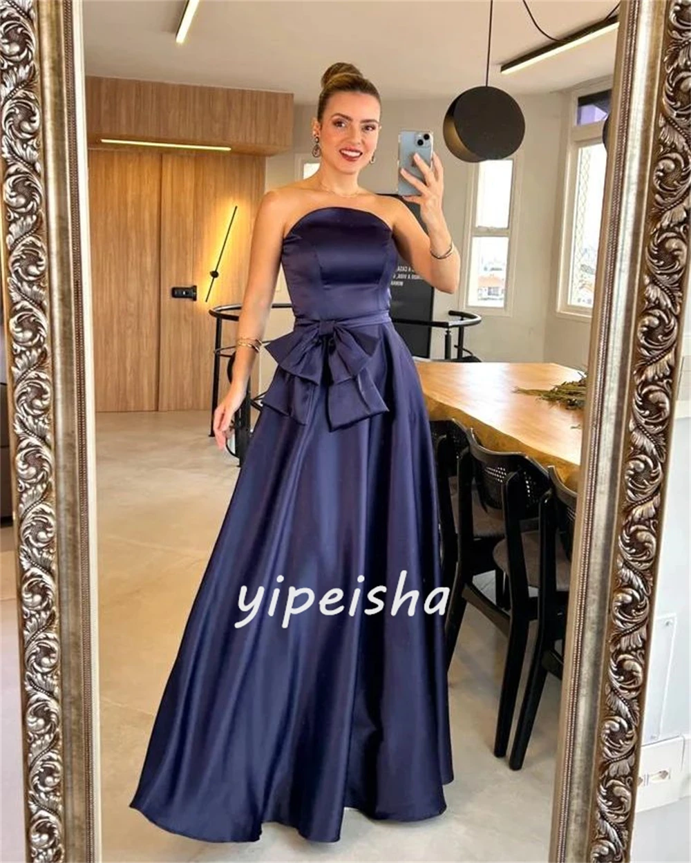 Jiayigong Evening Satin Bow Draped Pleat Valentine's Day A-line Strapless Bespoke Occasion Gown Long Dresses