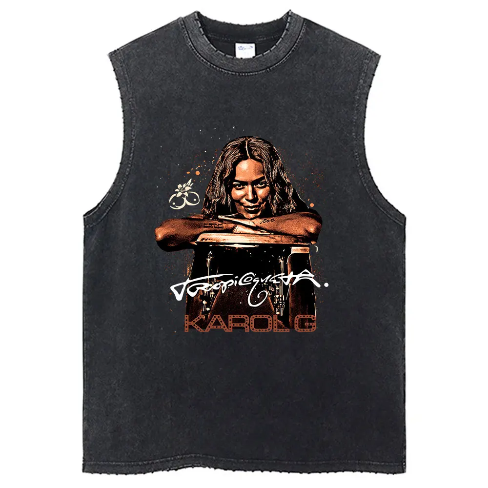 Karol G Tropicoqueta Latina Foreva 2025 Album Washed Tank Tops Male Fashion Hip Hop Oversized Sleeveless Vest Man Vintage Tshirt