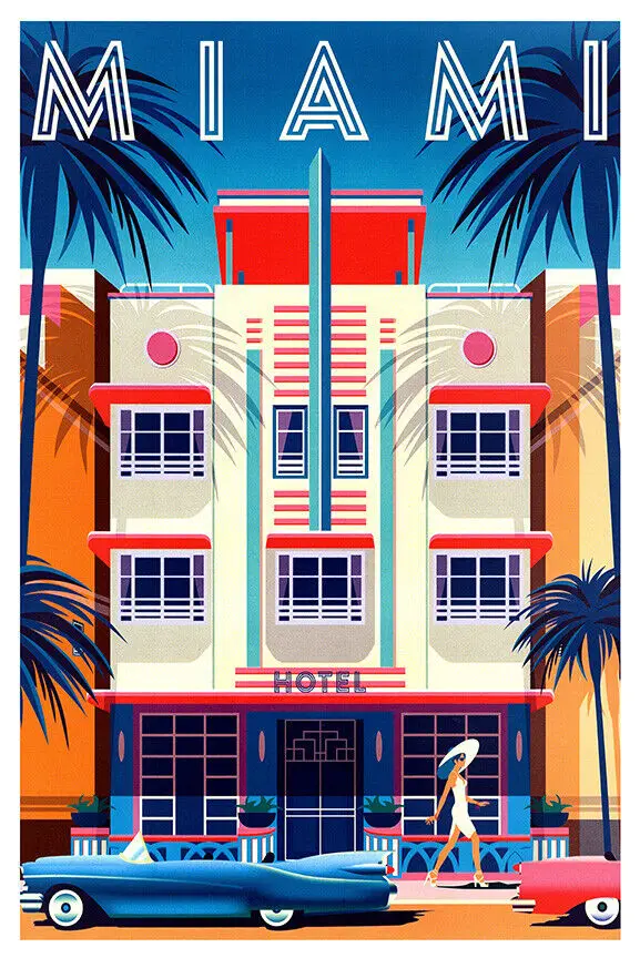 Miami - Florida - Vintage Travel Print Art Canvas Poster for Living Room Decor, Home Wall Picture