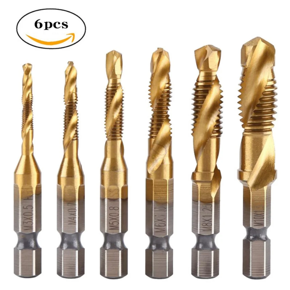 

New 6Pcs HSS 4341 Titanium Plated Combination Tap & Drill Set – Integrated Machine Tap for Threading & Chamfering
