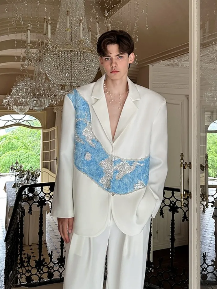 Spring Casual Mens Loose Fit Sequined Blazers Single Breasted Wide Leg Pants Two Piece Set Designer Party Fashion Suits Sets