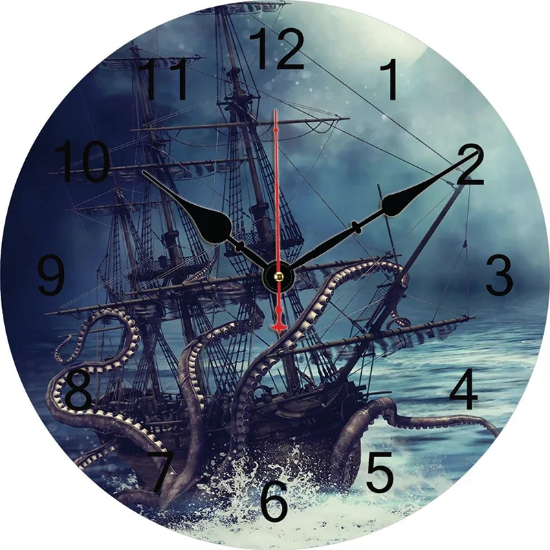 Pirate Ship Octopus Custom Large Clock Living Room Home Decor Round Wall Clock Quartz Table Clock Bedroom Wall Decoration