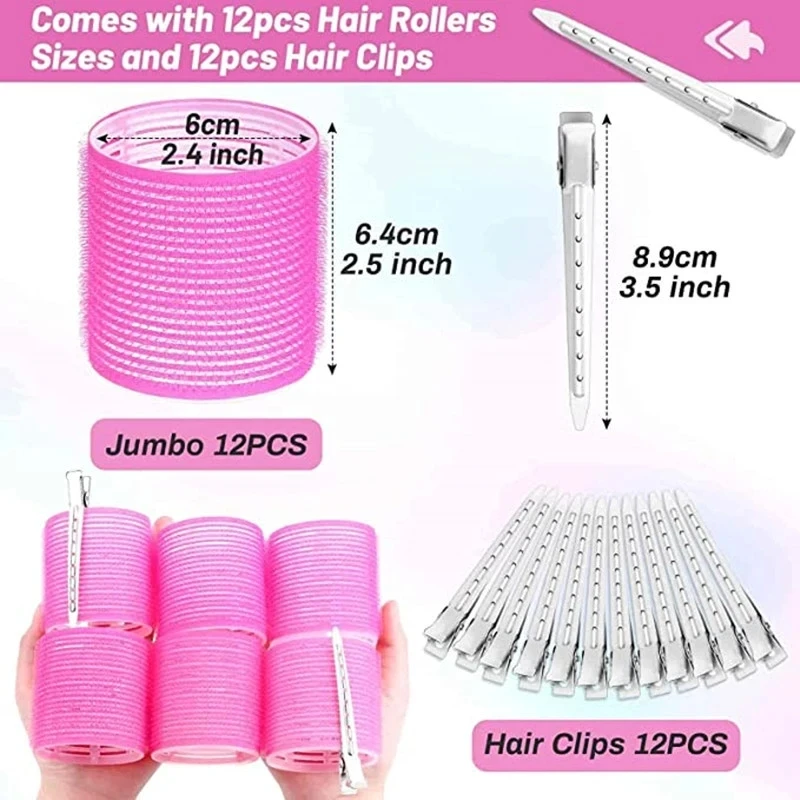 24pcs Self Grip Hair Rollers with Clips Heatless Hair Curlers No Heat Hair Volume Curlers Curling Rolls  Hair Styling Tools