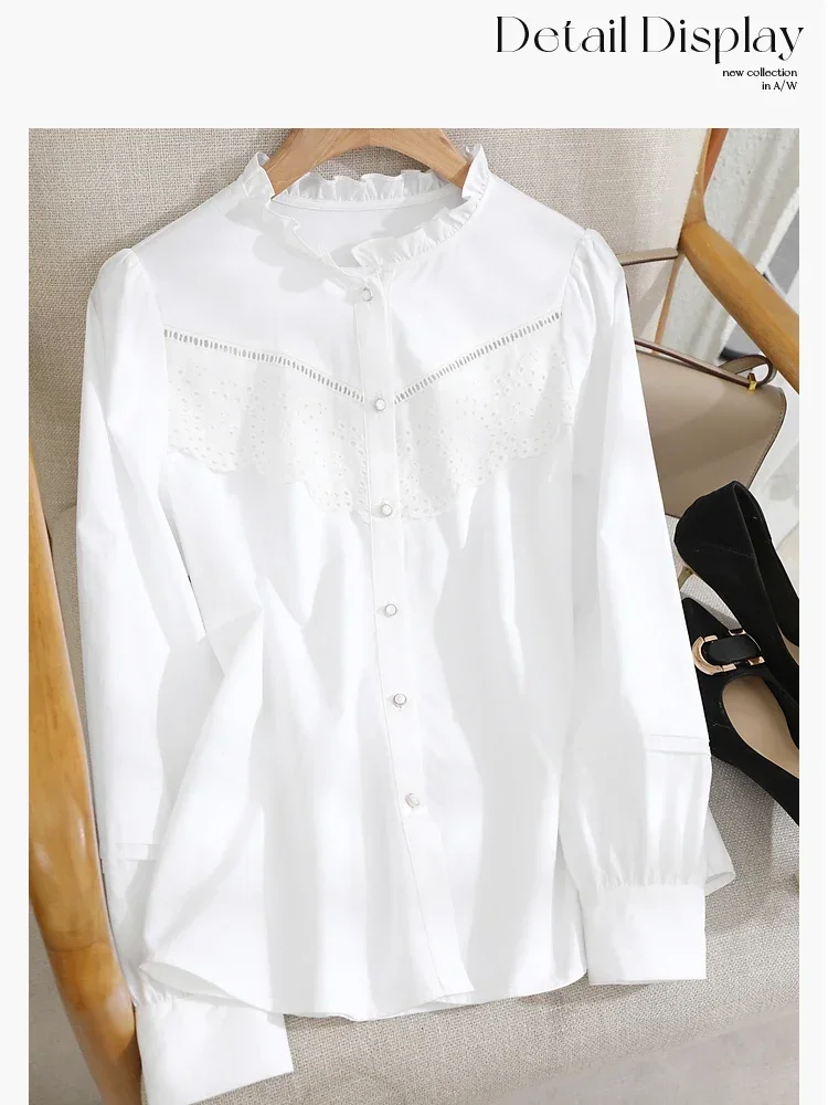 Vimly Ruffled Collar Women\'s White Shirts 2023 Autumn Hollow Out Lace Puff Sleeve Lyocell Cotton Blend Elegant Lady Shirt M2538