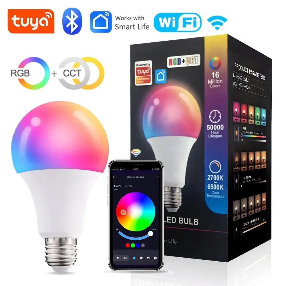 

Tuya Wifi E27 Led Light Bulbs Color Changing Light RGB Lamp 220V 110V Smart Life Remote Voice App Control For Alexa Google home