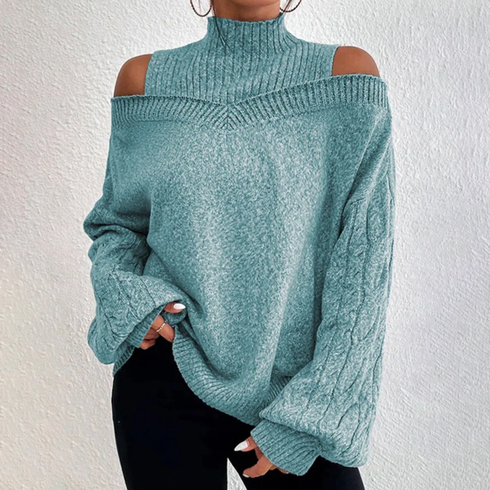 Elegant Cold Shoulder Knitted Loose Sweaters Women 2022 Autumn Winter Side Split Pullovers Streetwear Fashion Jumpers Top