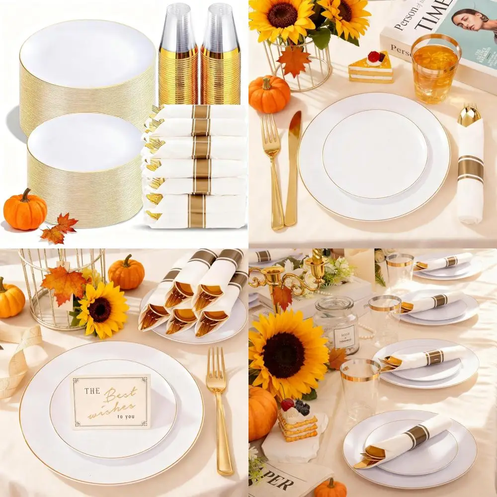 

Одноразовые тарелки с белой и золотой оправой — элегантный набор столовой посуды из 50 гостей, предварительно скрученные пластиковые тарелки