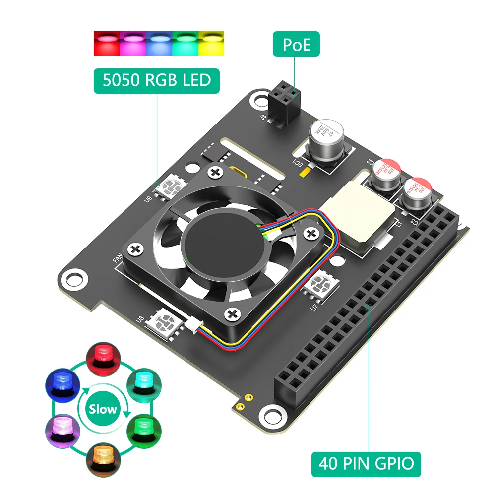 PoE HAT for Raspberry Pi 5 With Cooling Fan/Computer Module 5 With Automatic Discoloration LED Power Over Ethernet 5V 5A 25W