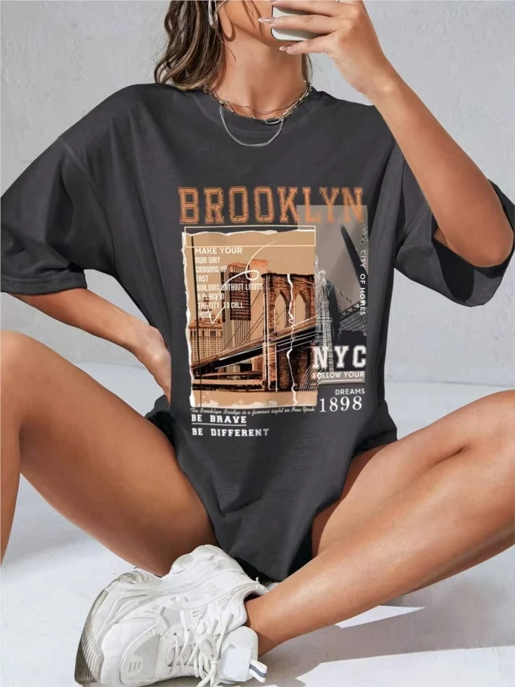 

Oversized Spring Cotton T-Shirts Letter Brooklyn NYC 1898 Graphic Printed Tees Casual Female Clothes Comfortable Street Tops