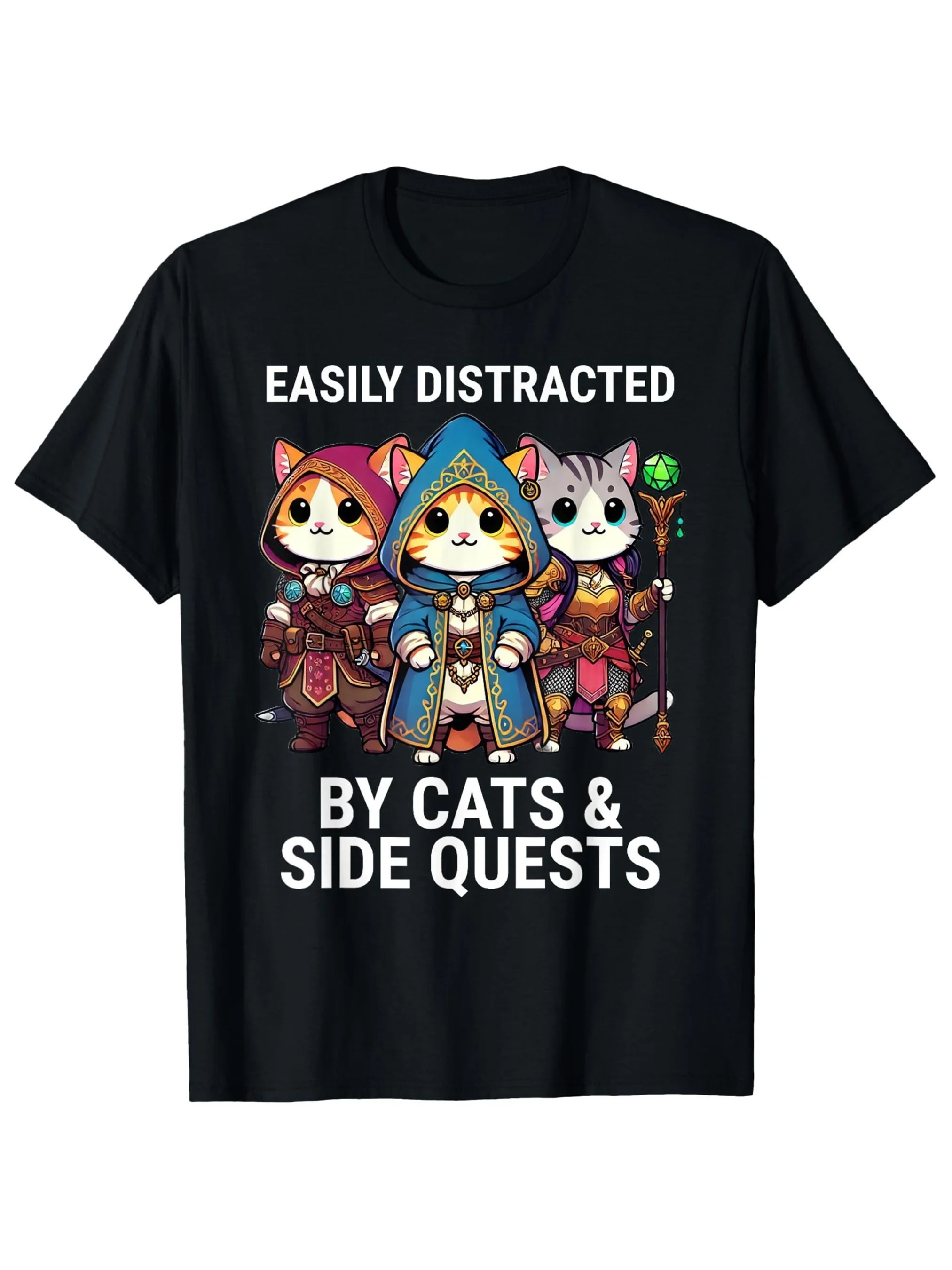 2026 Men'S Heavyweight 100% Gaming T-Shirt - Funny RPG Cat Warriors & Easily Distracted by Cats & Side Quests Slogan - Soft Casu