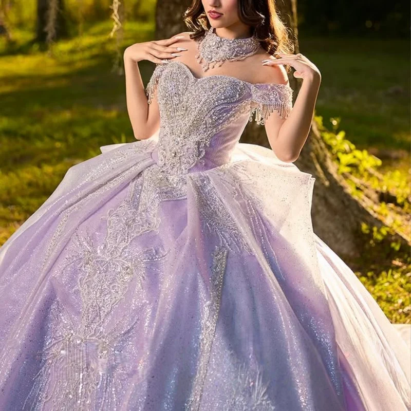 

Блестящее розовое платье Quinceanera с блестящей наклейкой и кристаллами, кружево с длинным хвостом, большой бант, Vestidos De 15, Quinceanera ﻿ Настроить