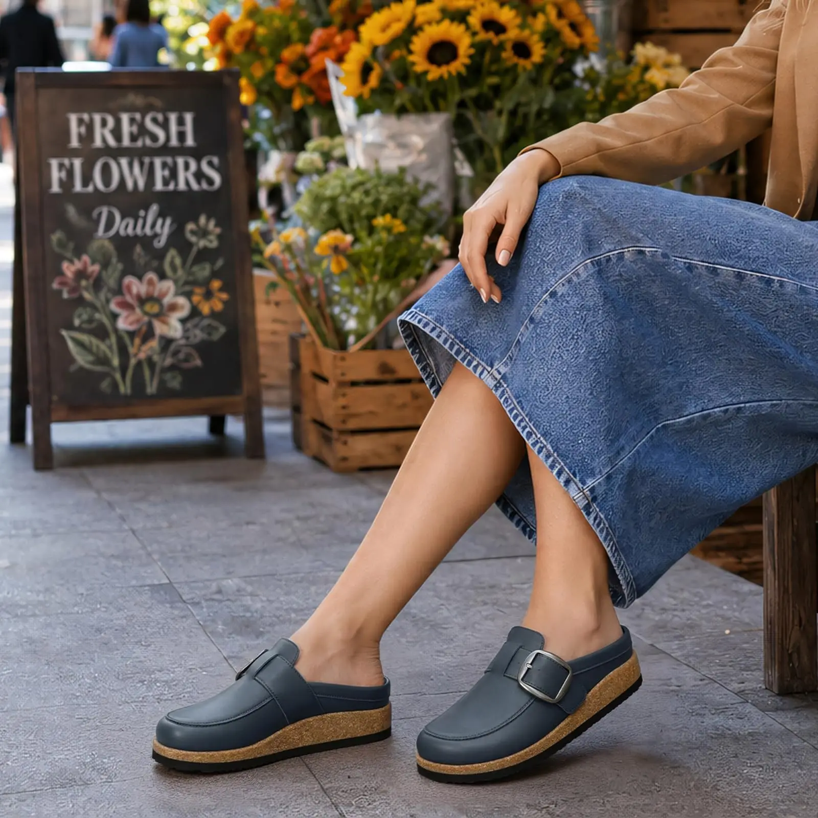Shevalues Vegane Leder-Damen-Clogs, rutschfeste Hausschuhe im Loafer-Design, Slides mit Korkfußbett und Fußgewölbestütze – Detail 11