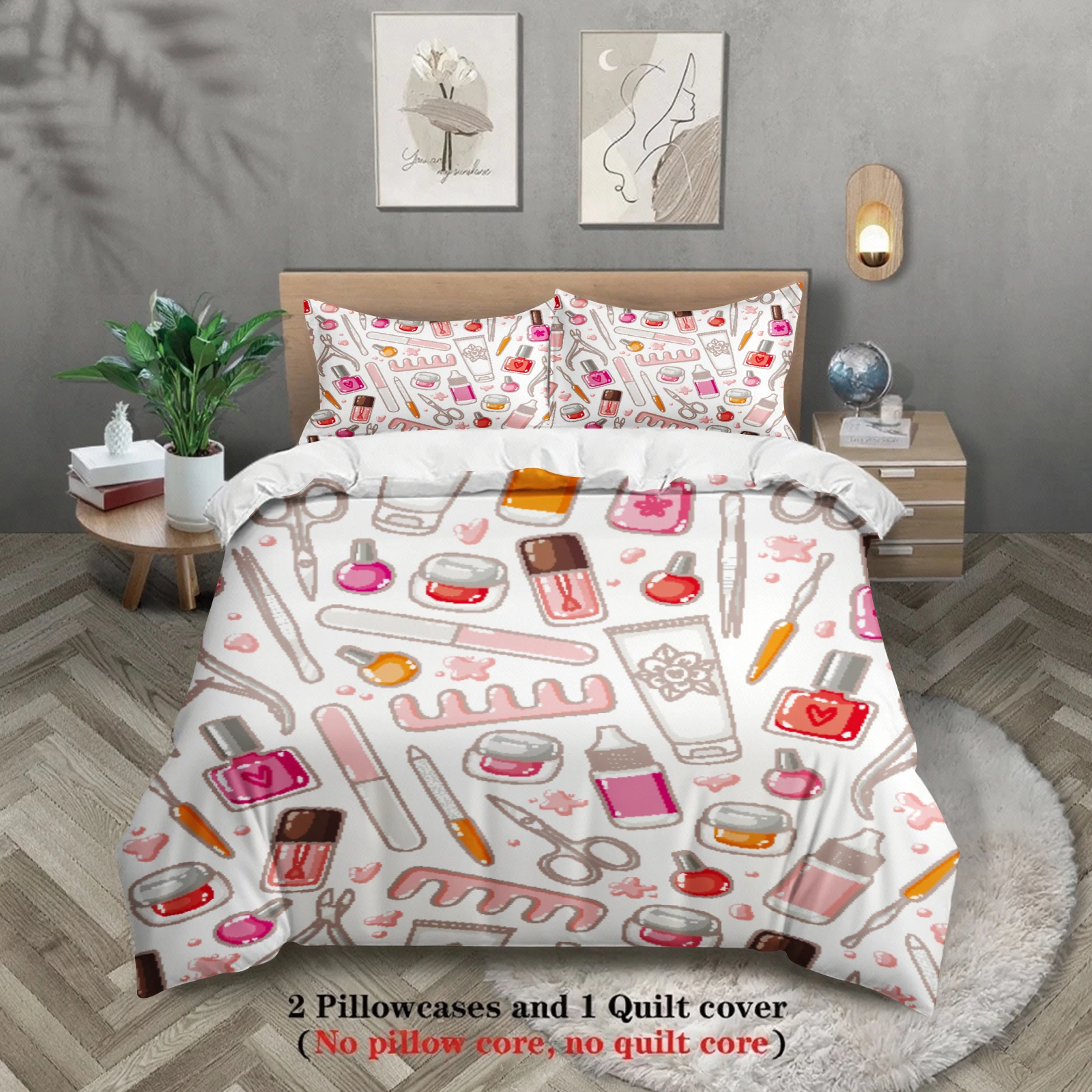 3pcs Nail Art Bedding Sets 3D Printed Manicure Tools Pattern Duvet Cover Sets With Pillowcases No Filling