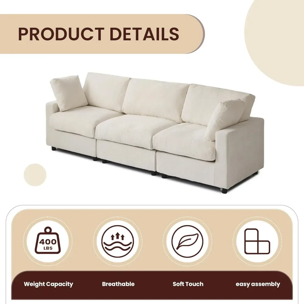 Sofá seccional moderno de chenilla de 3 plazas, sofá nube Modular de asiento profundo para sala de estar, dormitorio, 100 pulgadas