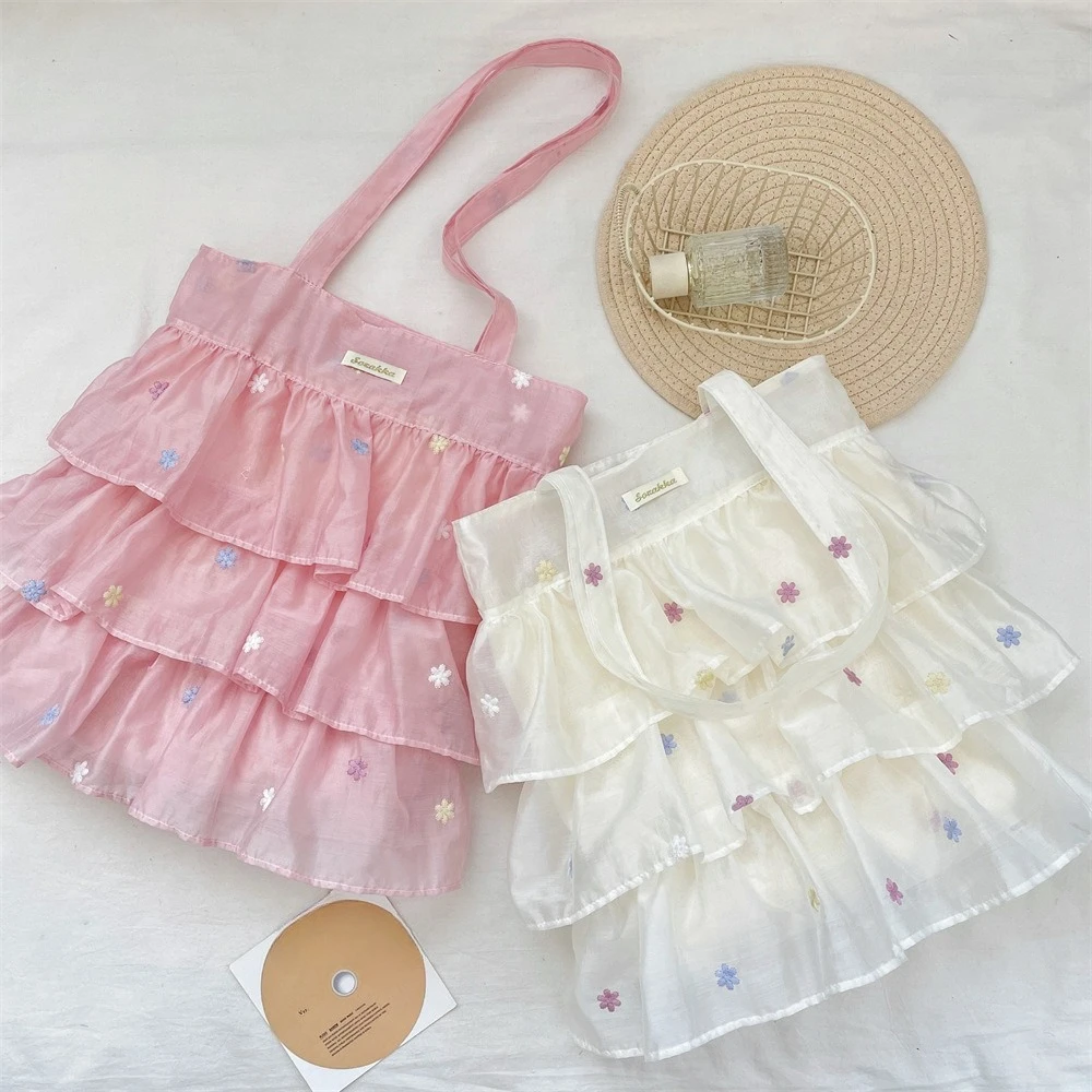 

Korean Sweet Floral Women's Shoulder Bag New Fashion Large Capacity Tote Bag Cute Lace Embroidered Handbag for Women Girl