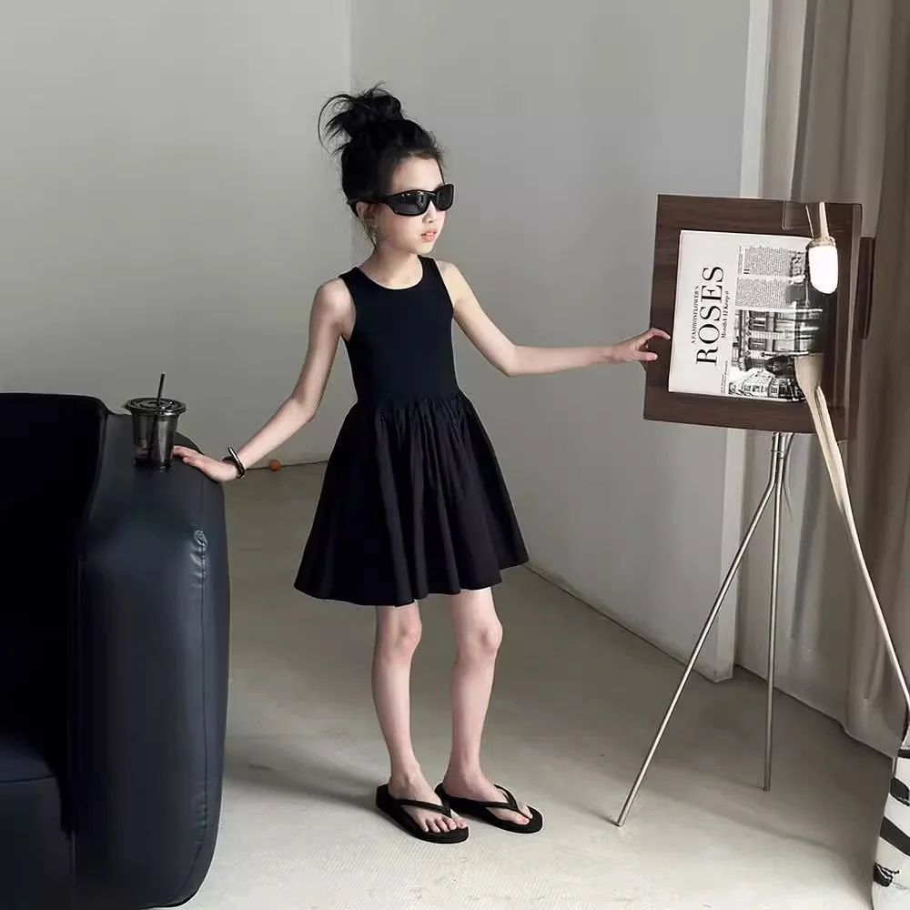 Girls Dress Summer 2024 Kids Beach Camping Korean Style Baby Girl Fashion Wears Baby Girl Black Girls Solid Long Skirt