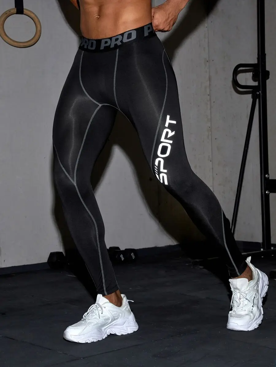 

Men's Black Compression Sport Tights with Reflective Lettering and Seams