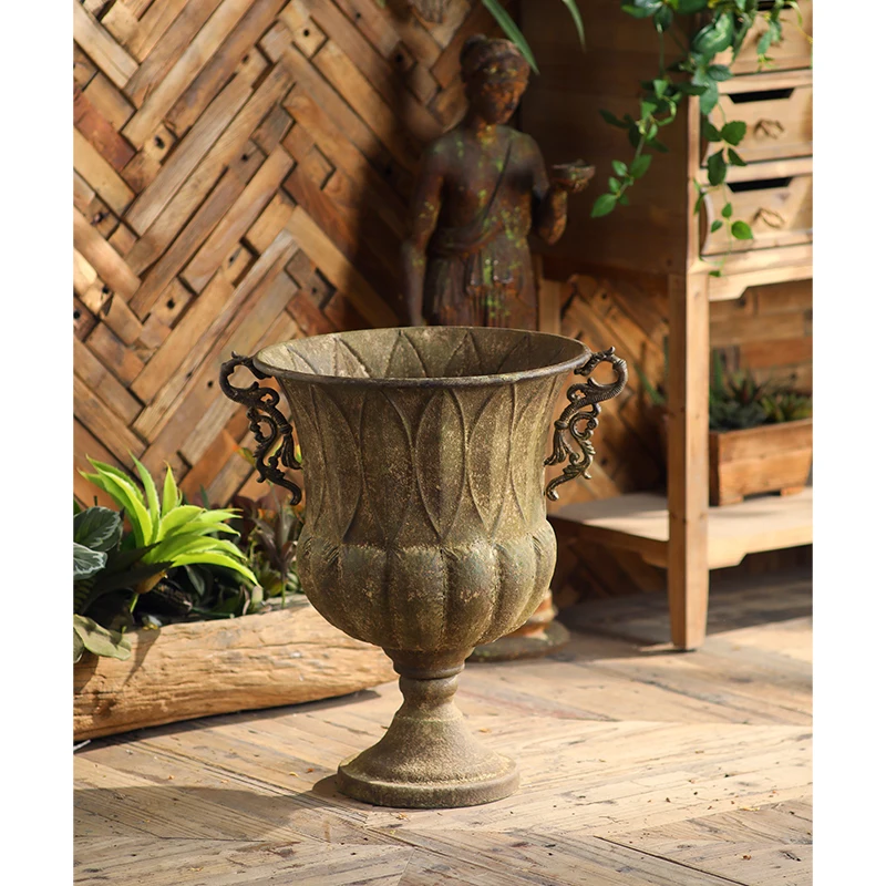 Vintage Iron Trophy Urn Planter, Antique Bronze Pedestal Vase, European Estate Garden Decor, Classical Conservatory Accent