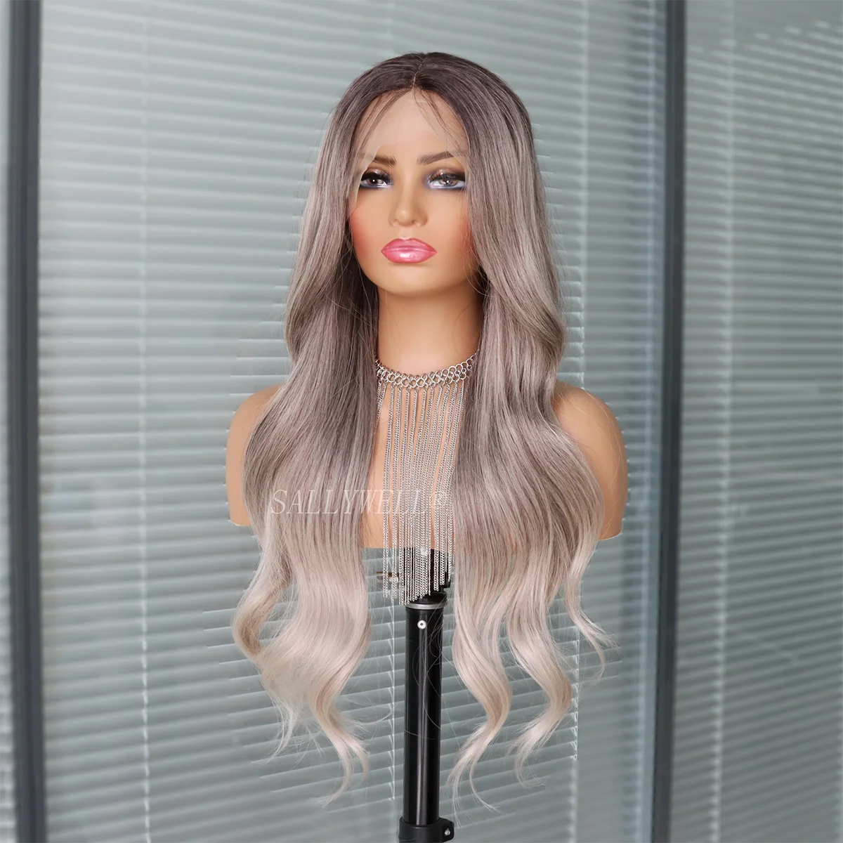 Silver Grey Lace Front Wigs for Women Halloween Curly Long Wavy Fashion Cosplay Ombre Black Mix Gray Hair Wigs with Wig Cap