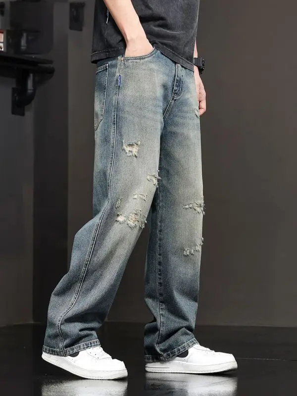 Pantalones vaqueros rasgados americanos para hombre, novedad de verano, rectos, sueltos, de pierna ancha, informales, pantalones de lavado para hombre