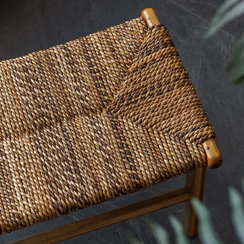 original imported shoe changing stool solid wood Nordic rattan pedal ottoman dressing stool straw