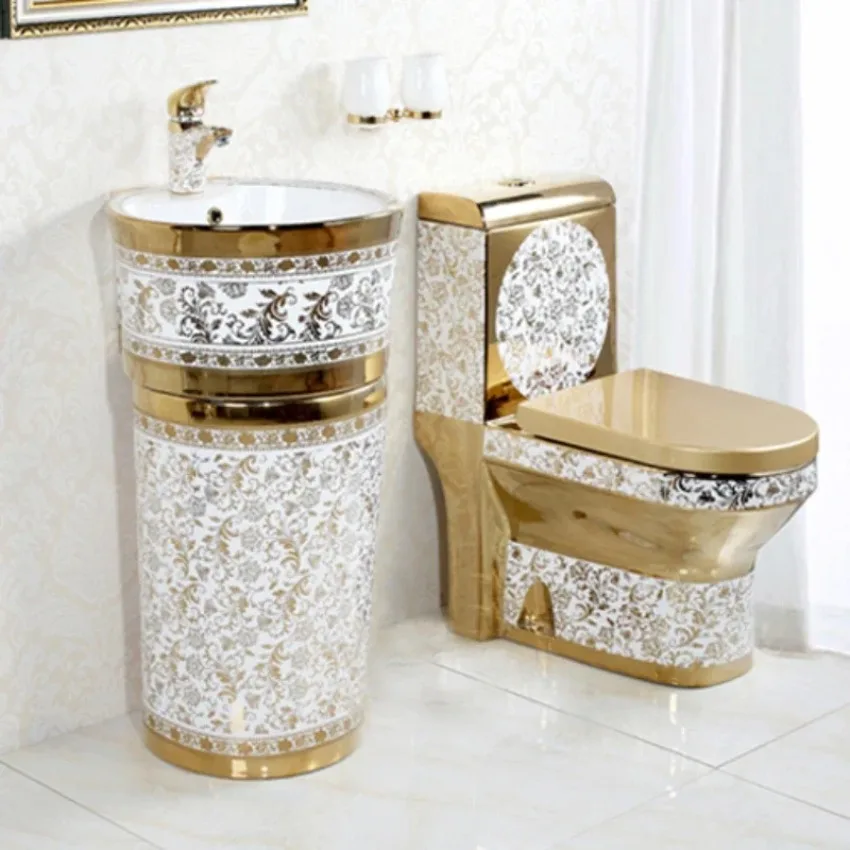 Gold Ceramic Toilet Set, Golden Flush Toilet With Gold Bathroom Wash Basin Sink Combo