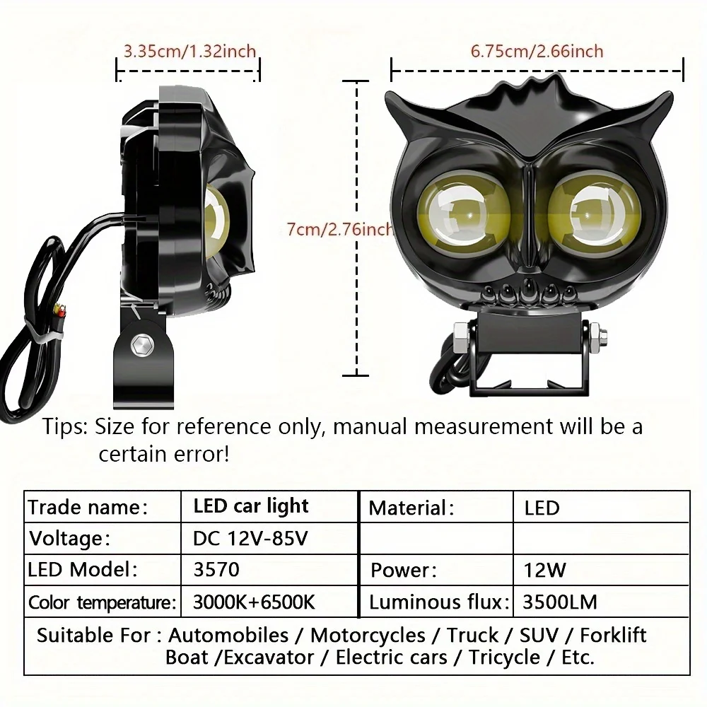 2 Pcs 3 Modes High/Low Beam LED Motorcycle Headlight Owl Eyes Fog Lights Moto Modification Accessories for Motorbike ATV Truck