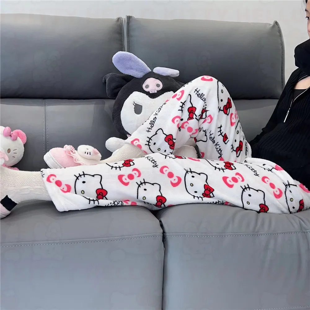 

Фланелевая пижама Sanrio Hello Kitty, Черная Женская теплая шерстяная Повседневная Домашняя одежда с мультяшным рисунком, модные брюки на осень и зиму