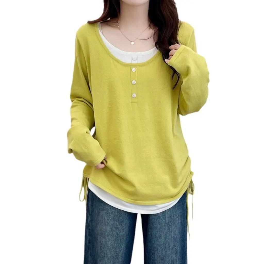 

plus Size Women's Chubby Girl Fashion Design Sweater with Hem Drawstring Slim Stitching Fake Two-Piece Style for 200kg