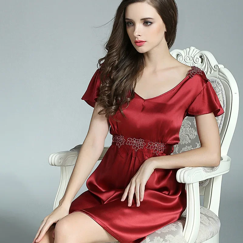 

Embroidered Lace 100% Mulberry Silk Belted Nightgown Short Sleeves Mini Nightdress Summer Pajamas Sexy Short Women's Home Dress