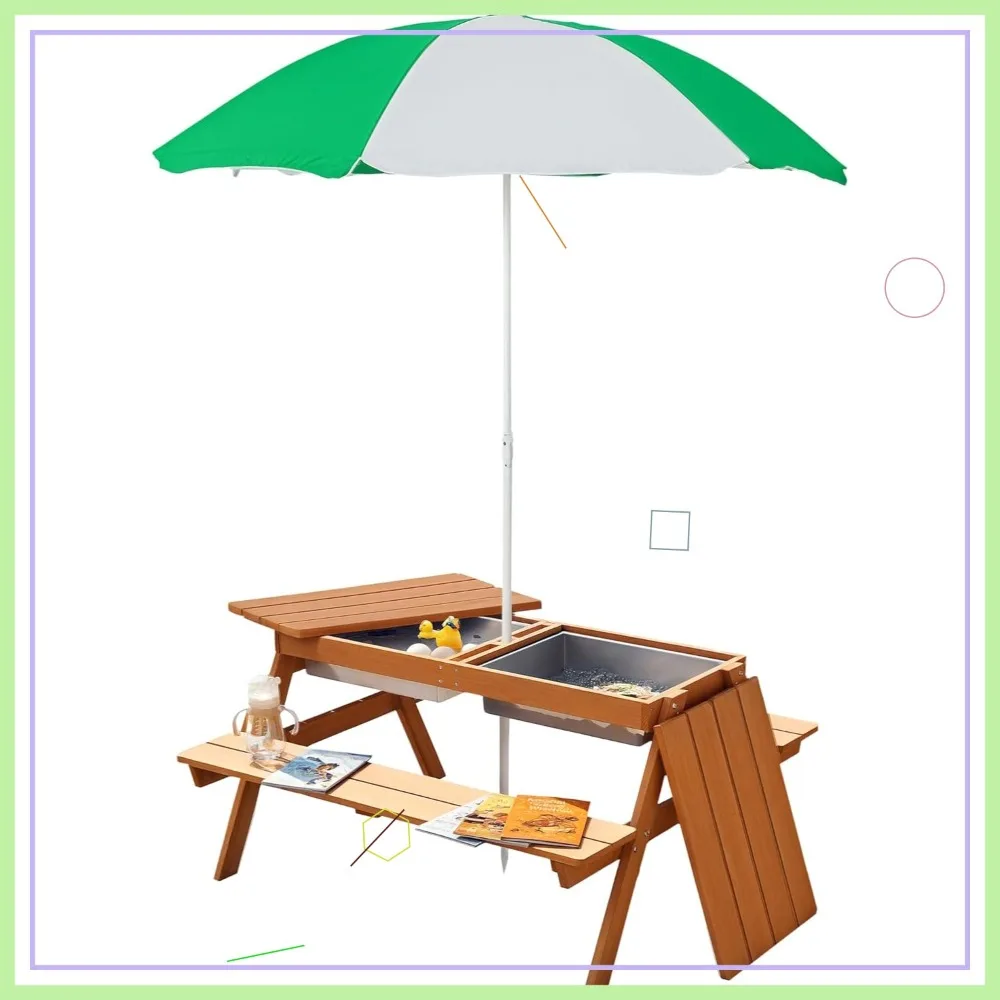 

3-in-1 Kids Sand Water Table with Umbrella, Wooden Outdoor Picnic Bench for Garden Patio Play Ages 3-6