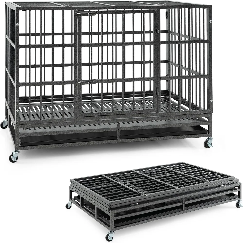 

48 Inch Foldable Metal Dog Crate, Heavy Duty Dog Cage with 2 Lockable Doors, Removable Tray, Lockable Universal Wheels, Indoor